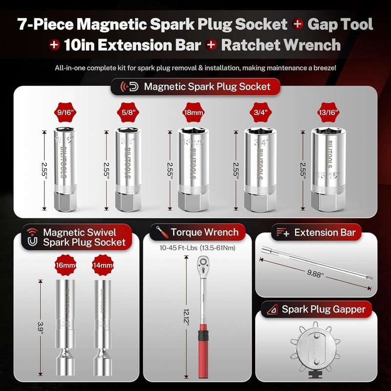 BILITOOLS 10 PCS Magnetic Spark Plug Socket Set with Click Torque Wrench & Spark Plug Gap Tool, 3/8 Inch Magnetic Sockets 9/16" 5/8" 3/4" 13/16" 14mm16mm18mm, Extension Bar, Cr-V Steel - Image 2